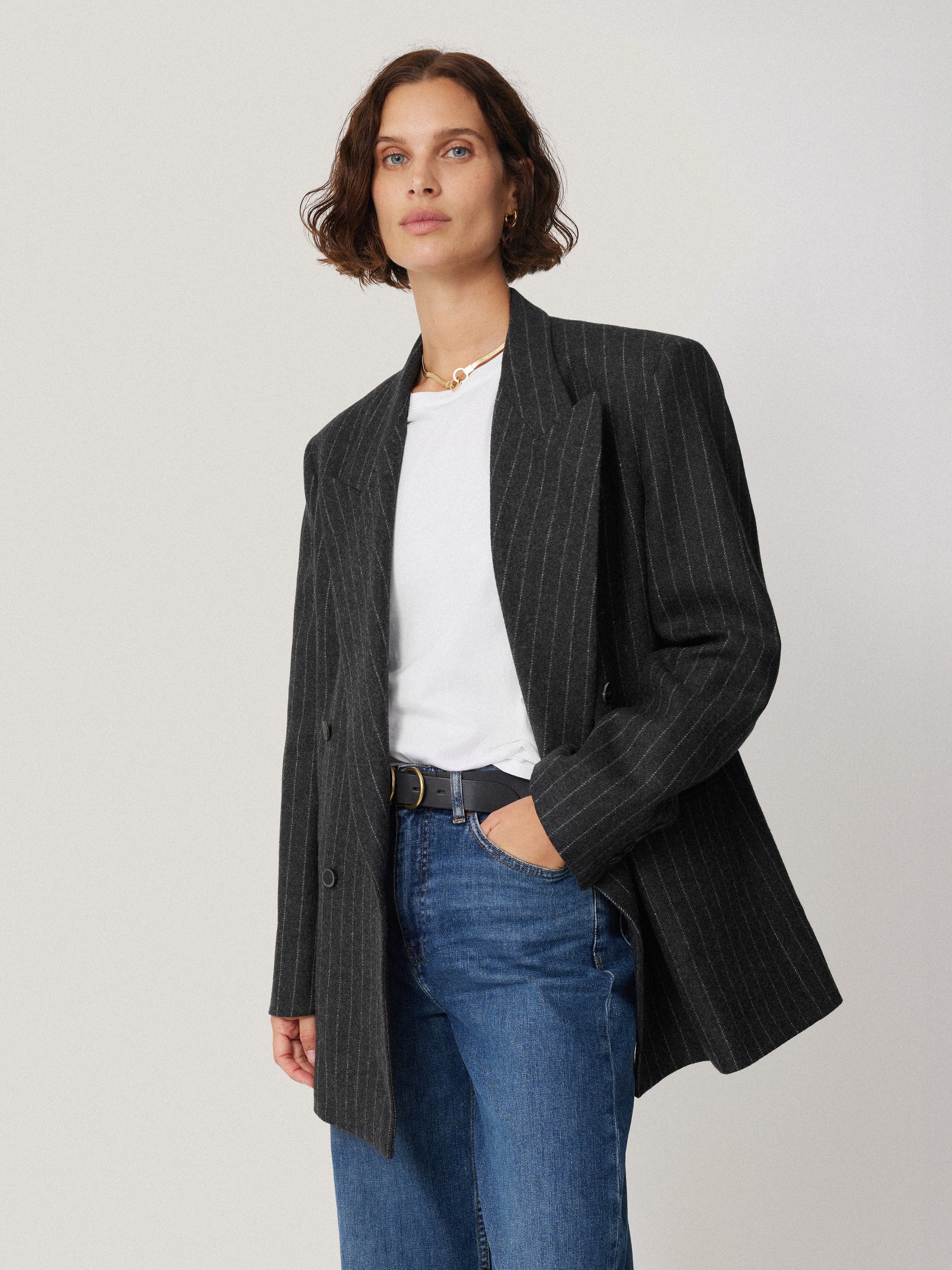 jigsaw Tatton Italian Wool Pinstripe Blazer Grey Deals Black