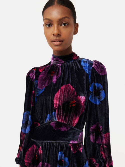 Winter Hibiscus Silk Velvet Dress | Purple