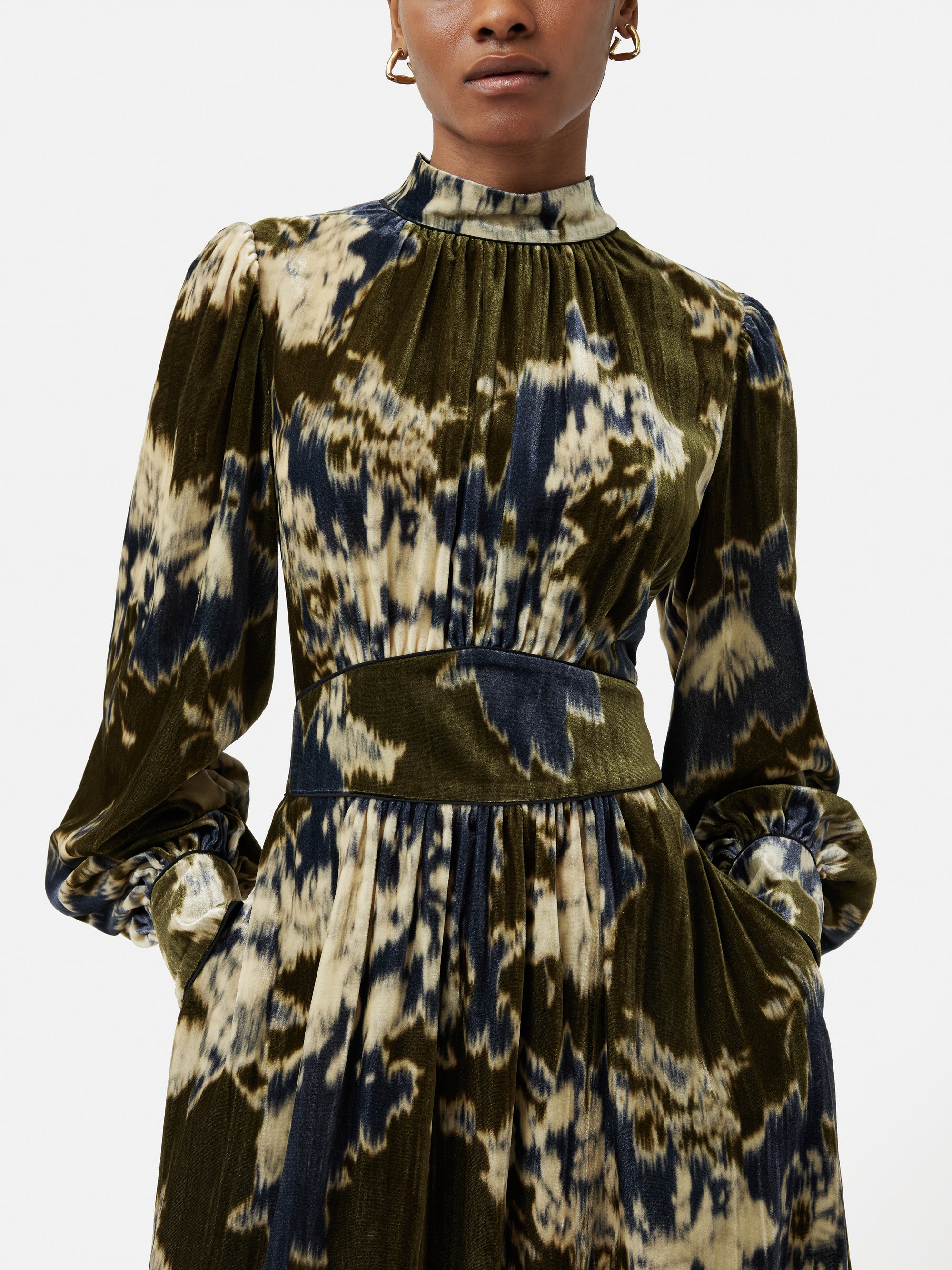 Glitched Ikat Velvet Dress Green Jigsaw