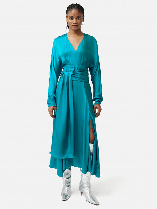 Hammered Satin Sash Dress | Blue
