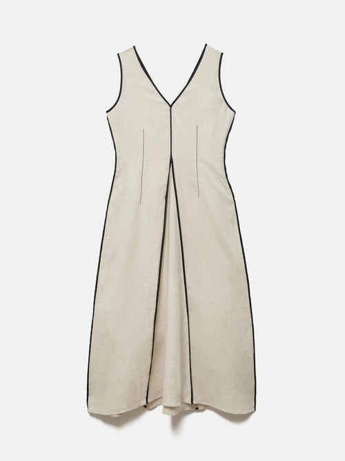 Linen Sleeveless Piped Dress | Cream
