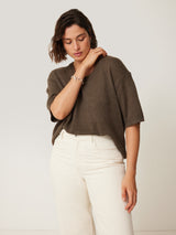 Linen Scoop Neck Knitted T-Shirt | Brown