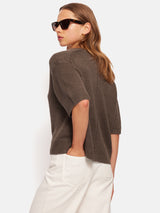 Linen Scoop Neck Knitted T-Shirt | Brown