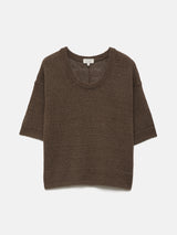 Linen Scoop Neck Knitted T-Shirt | Brown