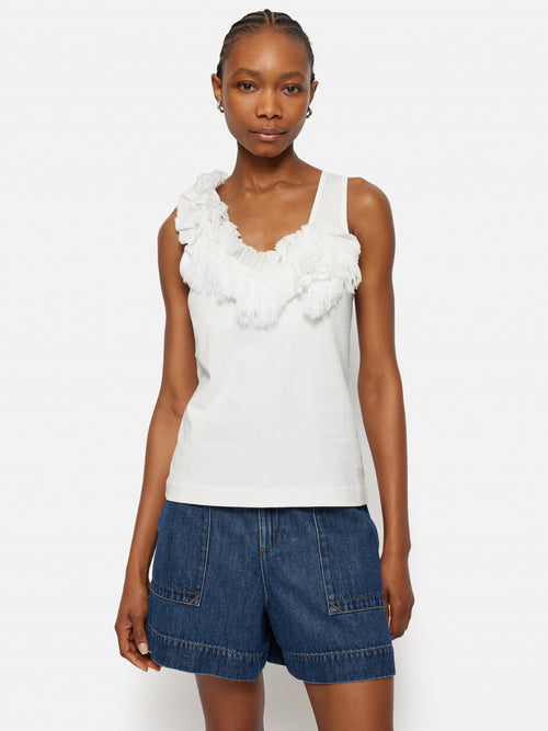 Ruffle Trim Jersey Top | White