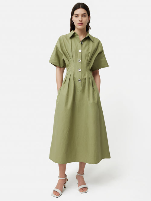 Cotton Stitched Pleat Dress | Green