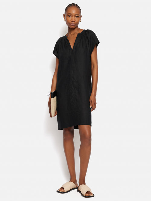 Linen Smocked T-shirt Dress | Black