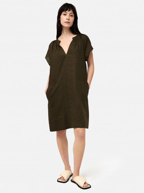 Linen Smocked T-shirt Dress | Dark Green