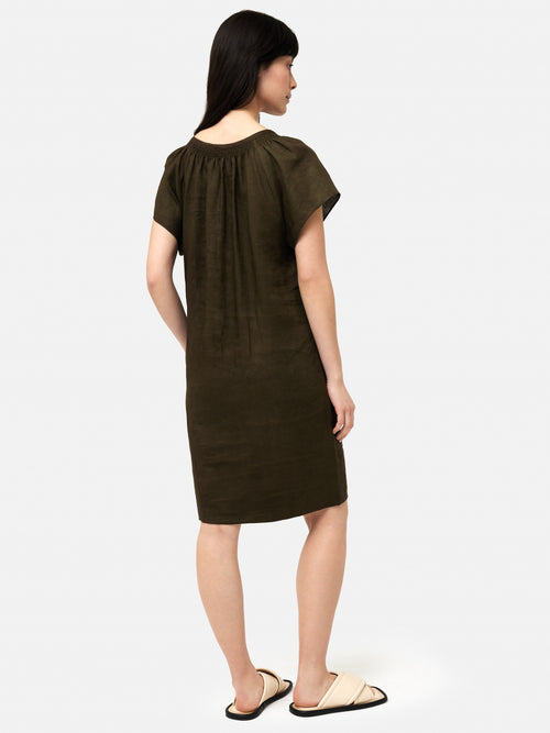 Linen Smocked T-shirt Dress | Dark Green
