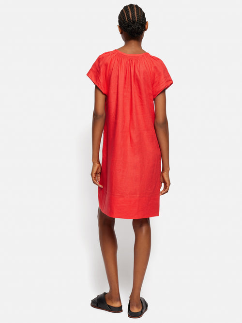 Linen Smocked T-shirt Dress | Coral