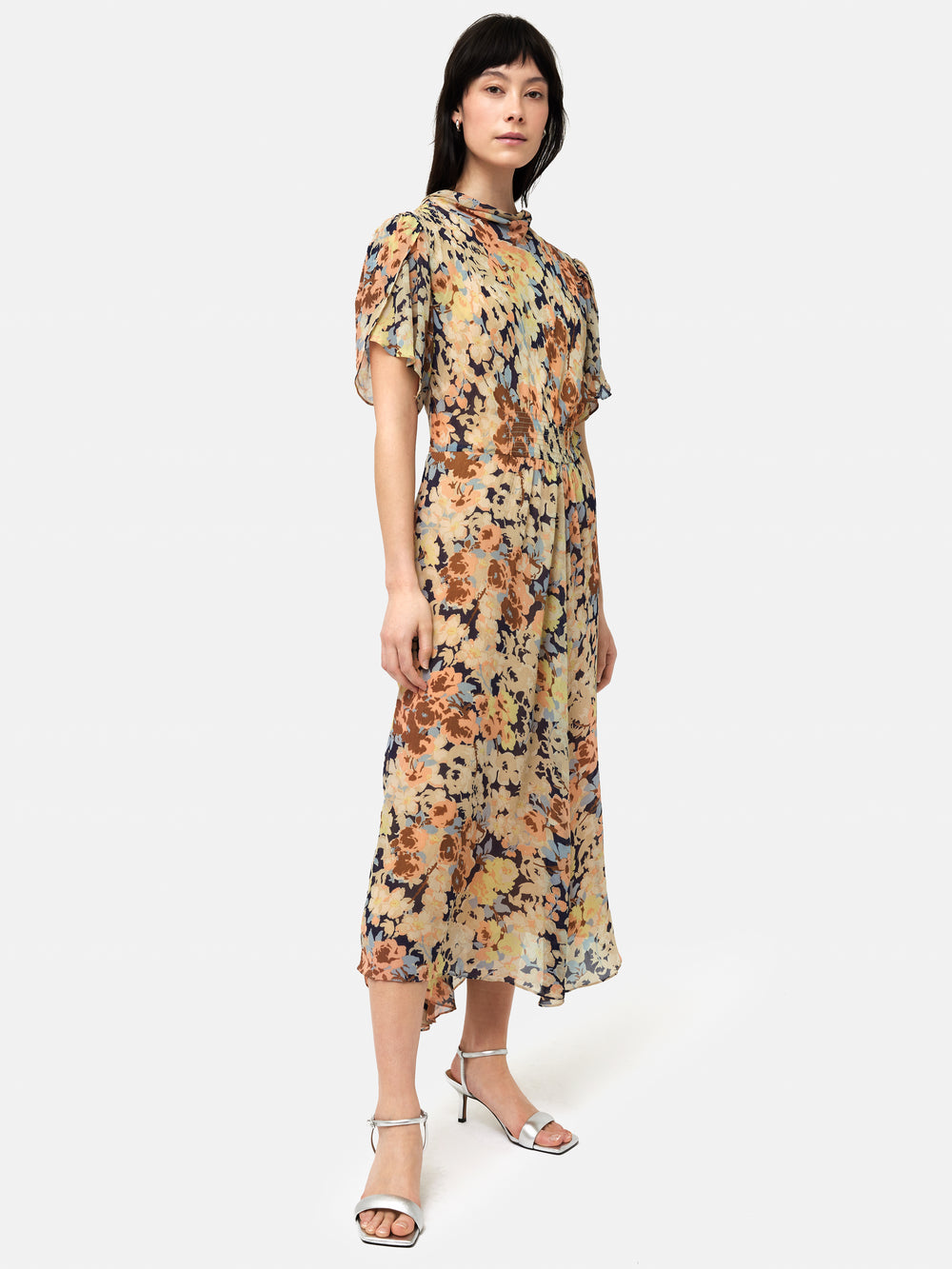 Sheer Crinkled Shirt Dress in Greige Paper