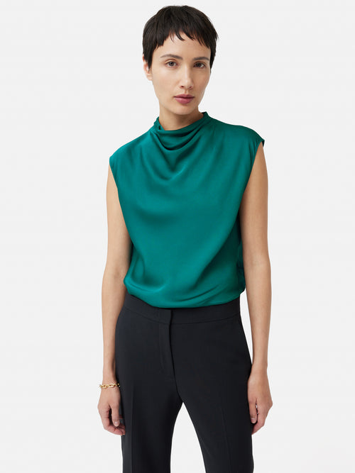 Satin Cowl Neck Top | Green
