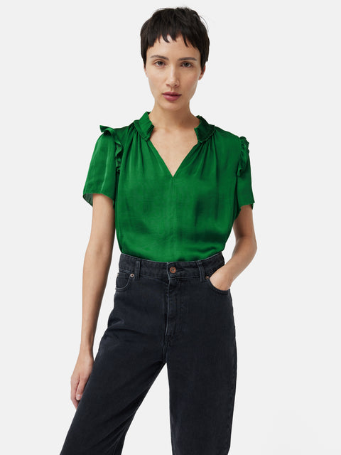 Green Ruff Top Recycled Satin Ruffle Top | Green – Jigsaw