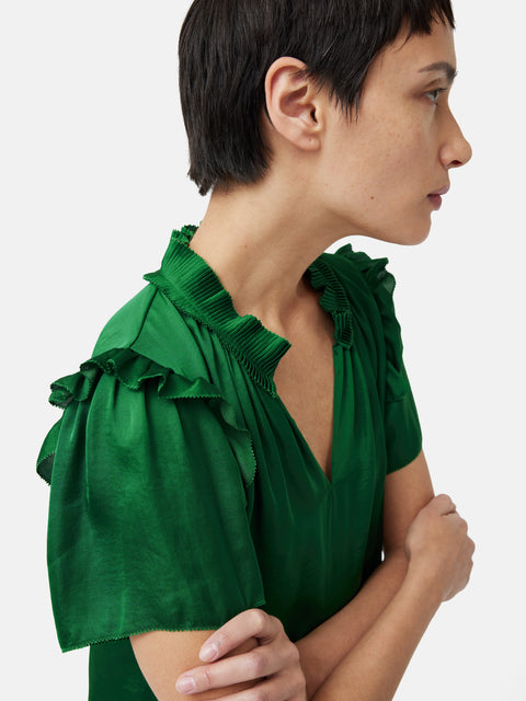 Green Ruff Top Recycled Satin Ruffle Top | Green – Jigsaw
