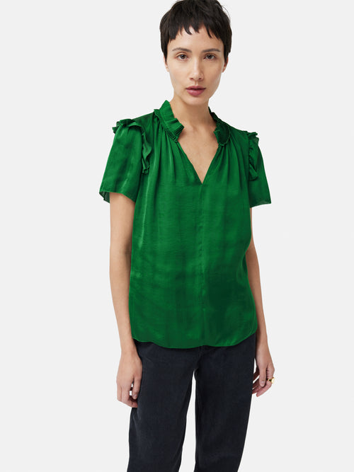 Recycled Satin Ruffle Top | Green – Jigsaw