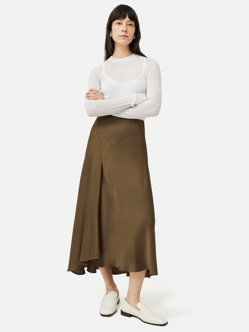 Satin Bias Asymmetric Skirt | Dark Khaki