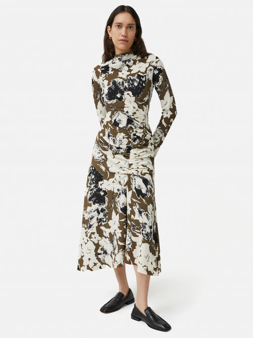 Floral Echo Ruched Dress | Khaki