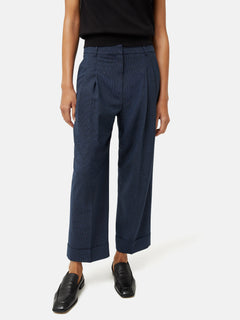 Pleated Crop Turn Up Trouser | Navy