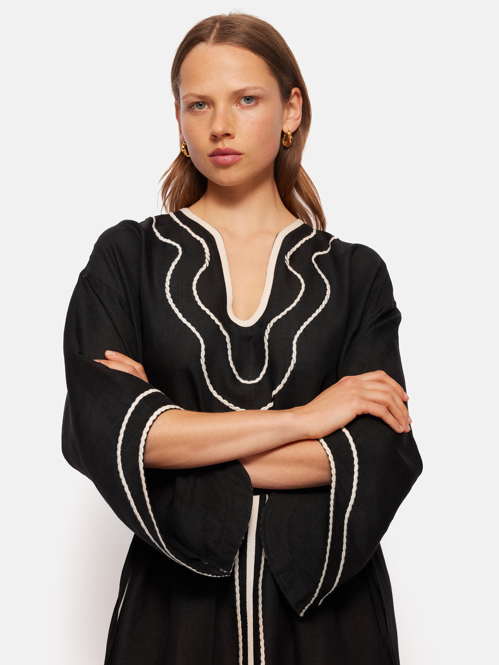 Black - Ikat Cotton Kaftan with Desert Thread Embroidery (Short) 05