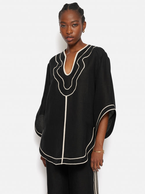Linen Blend Embroidery Tunic | Black