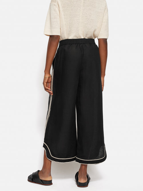 Linen Blend Embroidery Trouser | Black