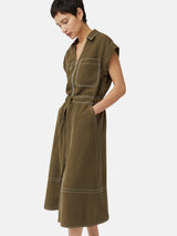 Linen Lyocell Stitched Dress | Dark Khaki