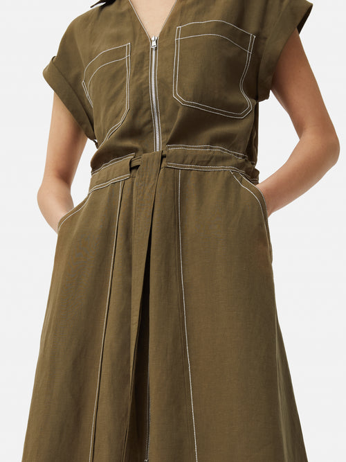 Linen Lyocell Stitched Dress | Dark Khaki