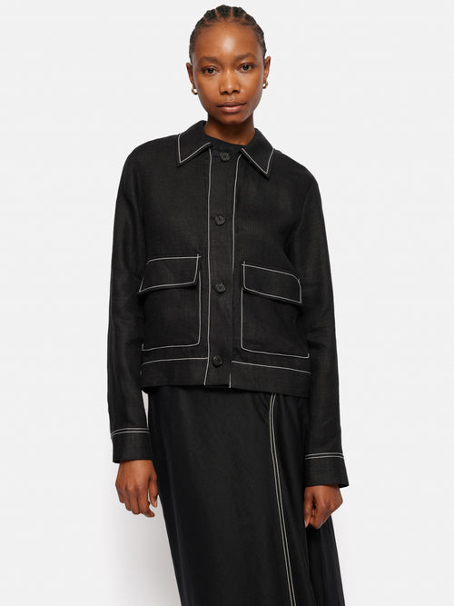 Linen Cropped Utility Jacket | Black