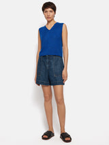 Linen Slub Cropped V Tank Top | Blue