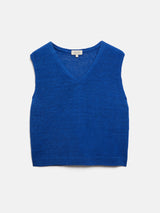 Linen Slub Cropped V Tank Top | Blue