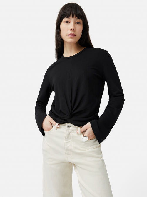 Knotted Front Long Sleeve Top | Black
