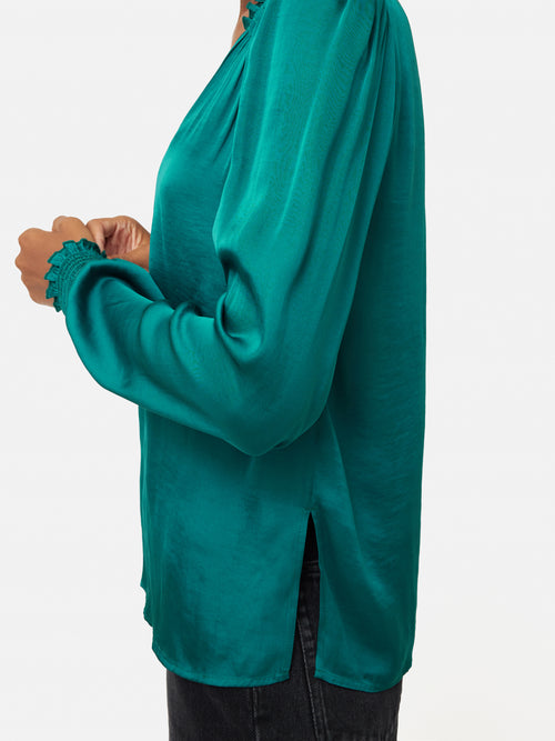 Recycled Satin Long Sleeve Top | Green