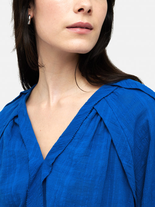 Textured Cotton V Neck Top | Blue