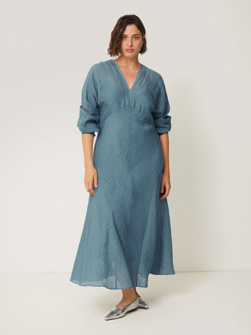 Silk Linen Gauze Maxi Dress | Blue