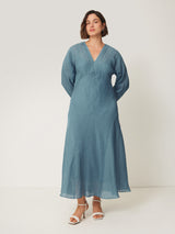 Silk Linen Gauze Maxi Dress | Blue