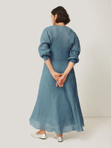Silk Linen Gauze Maxi Dress | Blue