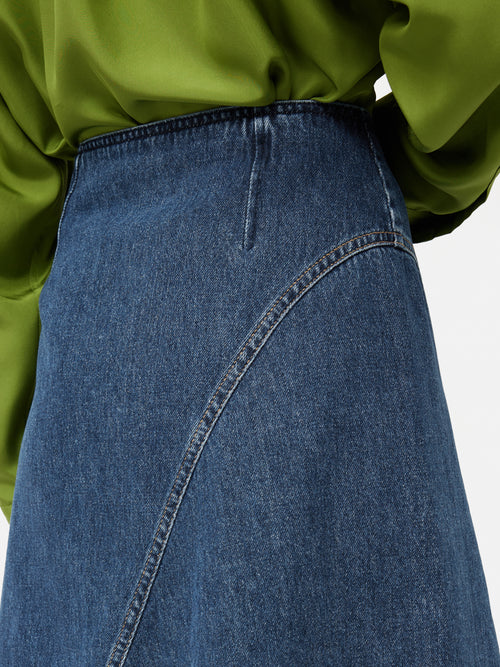 Denim Frayed Midi Skirt | Indigo