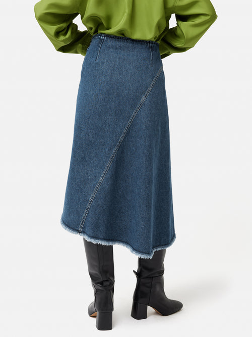 Denim Frayed Midi Skirt | Indigo