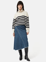 Denim Frayed Midi Skirt | Indigo