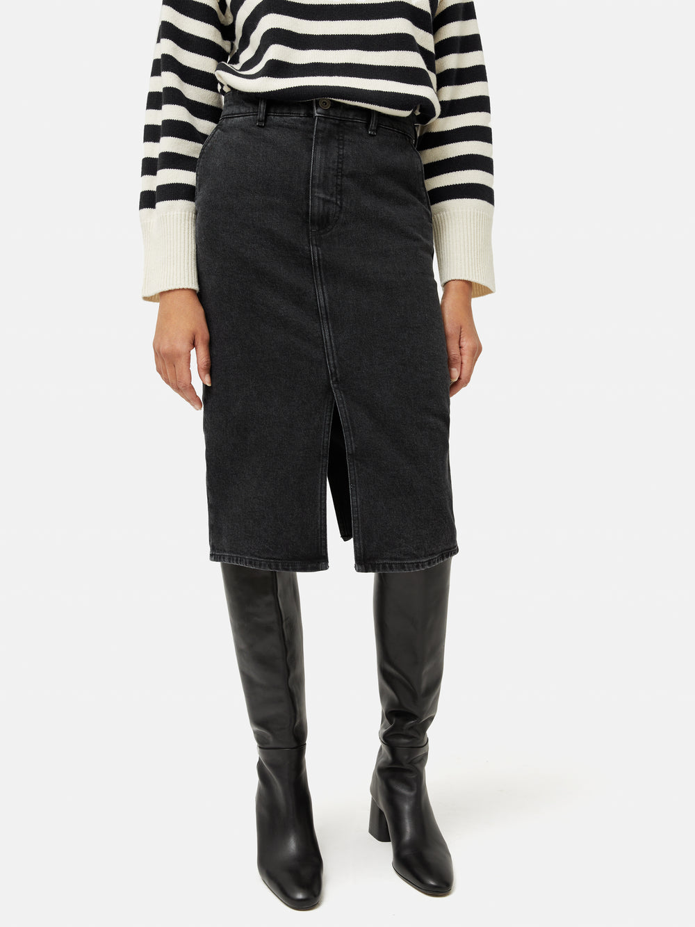 Twill Denim Midi Slit Skirt- Cream