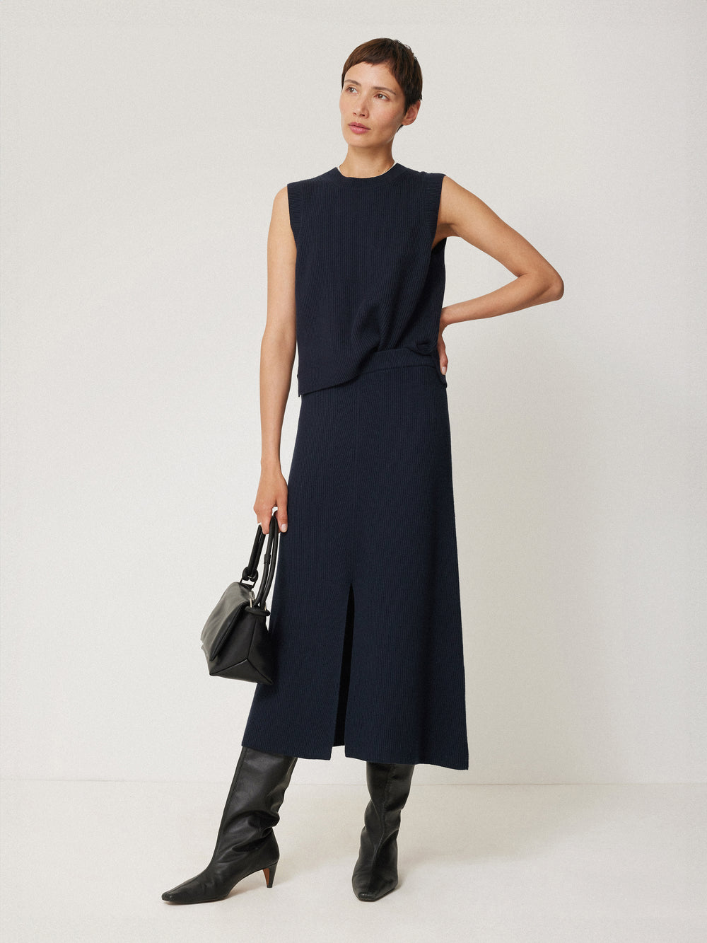 Cotton Knit Pull on Skirt in Navy. main image 0