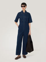 Denim Contrast Stitch Jumpsuit | Indigo