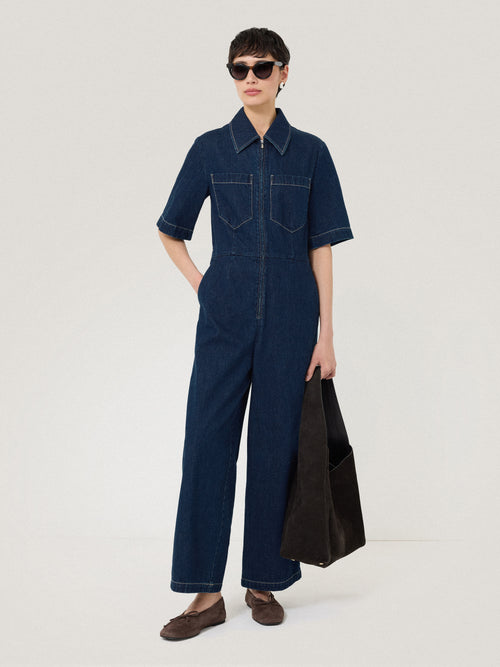 Denim Contrast Stitch Jumpsuit | Indigo