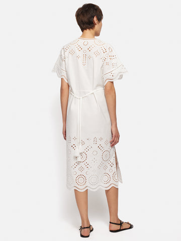 White - Ikat Weave Cotton Kaftan with Tie-Up Waist (Medium)