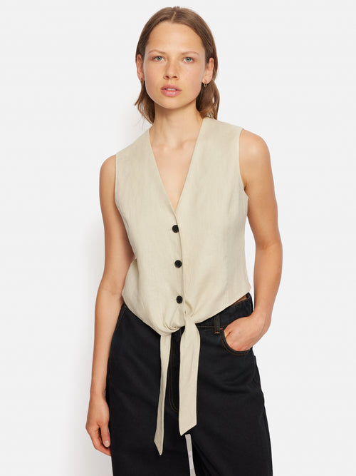 Linen Tie Front Waistcoat | Cream