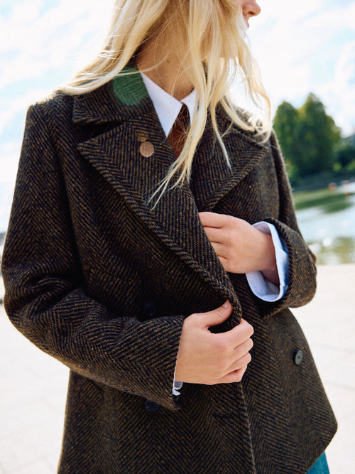 Alba Wool Herringbone Pea Coat | Brown