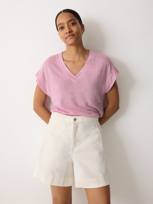 Linen V Neck Tee | Pink