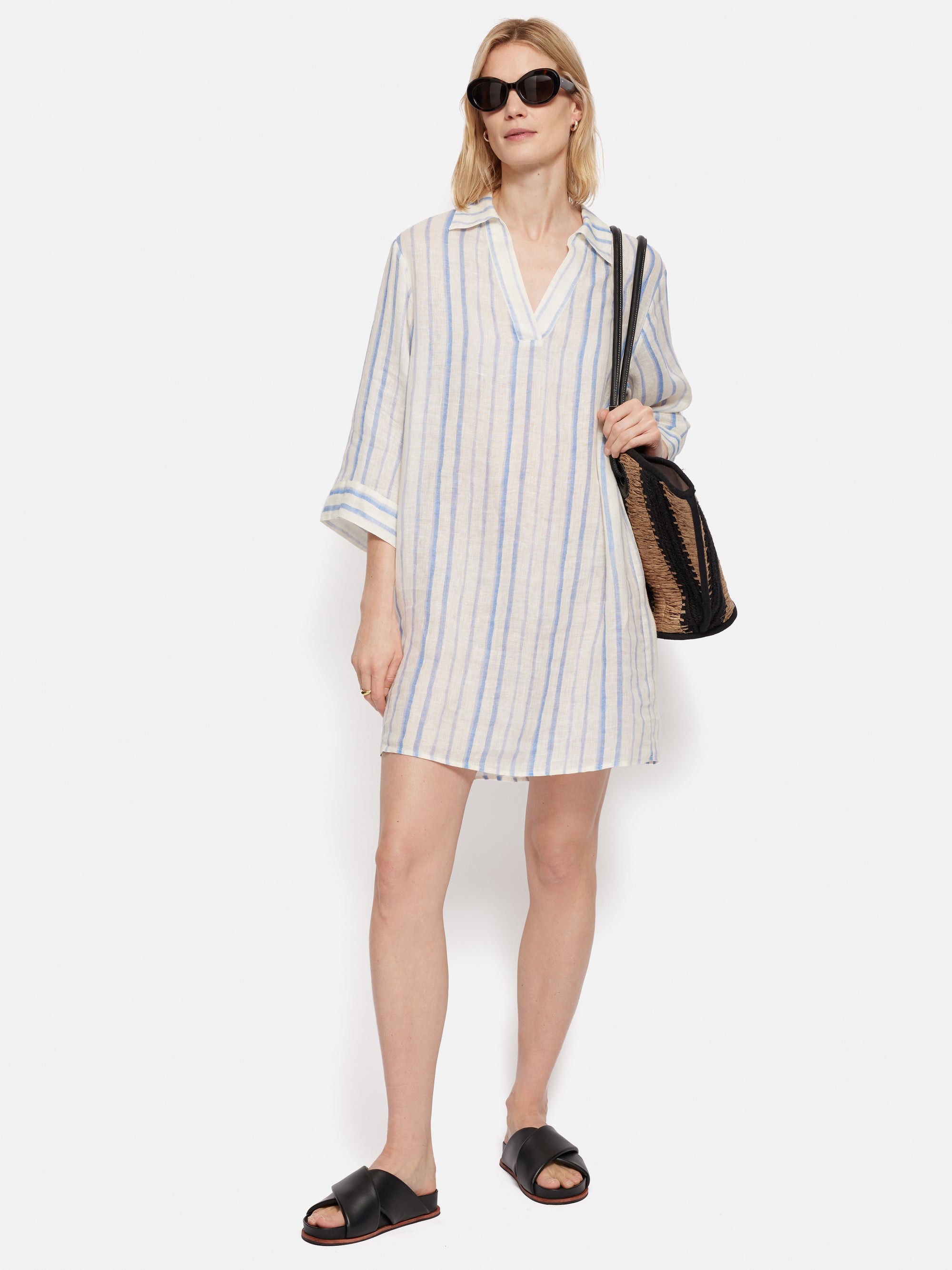 Deckchair Stripe Linen Tunic - White Powder Pink Stripes