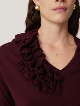 Merino Ruffle V Neck Jumper | Burgundy