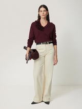Merino Ruffle V Neck Jumper | Burgundy